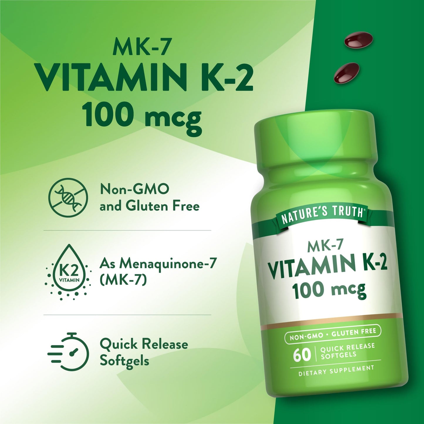 Suplemento Nature's Truth vitamina K2 MK-7 en botella de 60 cápsulas