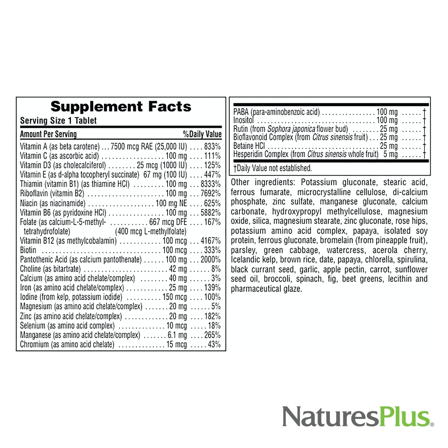 Tabla de ingredientes suplementarios de NaturesPlus Ultra II