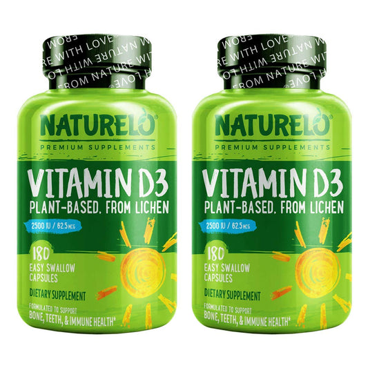 Botella NATURELO vitamina D3 vegana 2500 UI pack 180 cápsulas