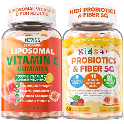 Frasco y gomitas NEVISS vitamina C liposomal y probióticos para niños