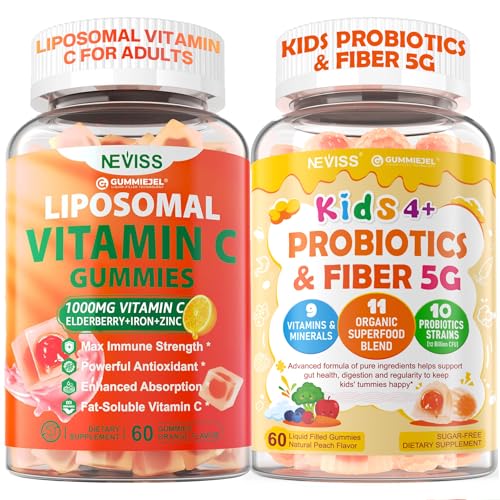 Frasco y gomitas NEVISS vitamina C liposomal y probióticos para niños