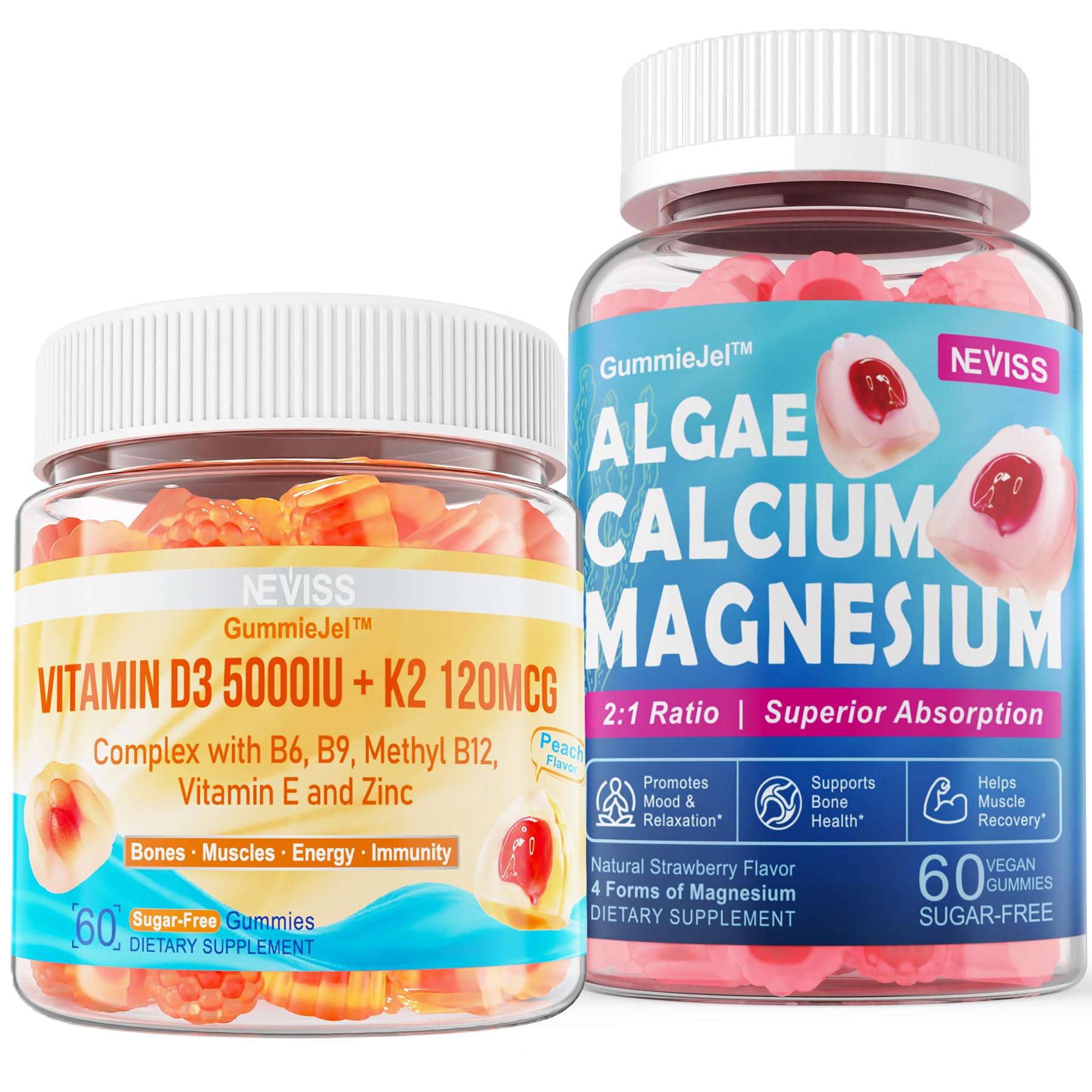 NEVISS Vitamina D3 5000UI K2 y Calcio de Algas gomitas suplementarias