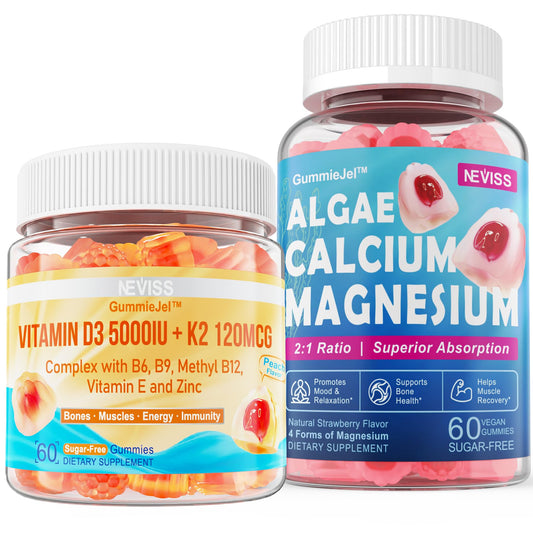 NEVISS Vitamina D3 5000UI K2 y Calcio de Algas gomitas suplementarias