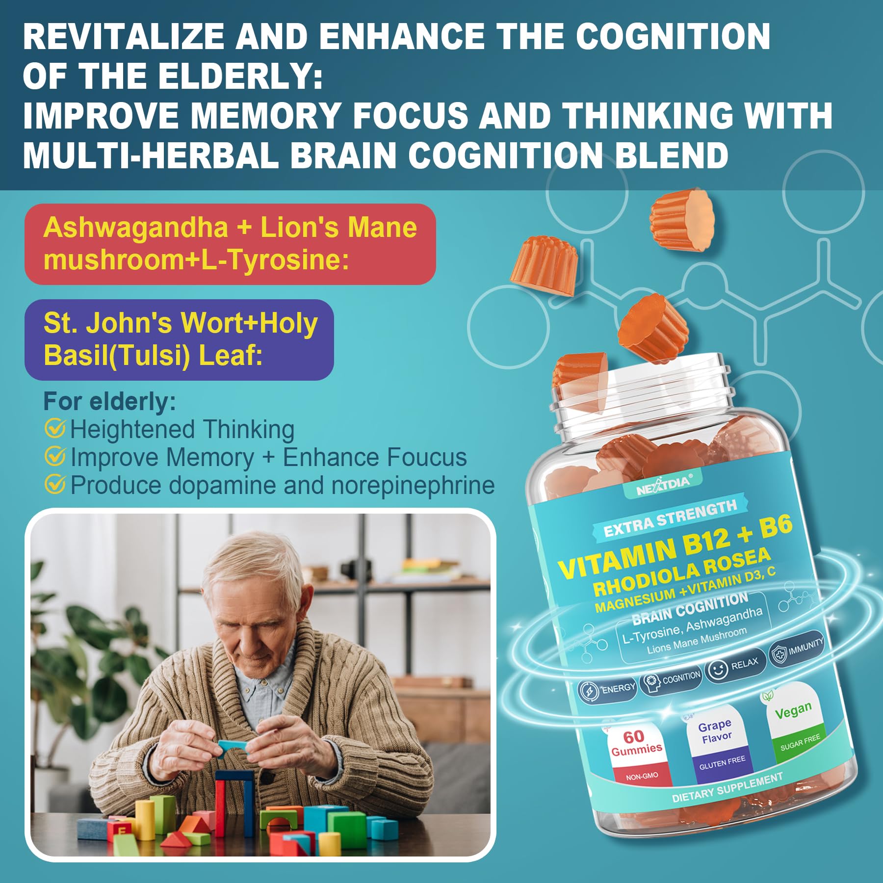 Nextdia gummies para adultos y estudiantes enfocadas y energéticas