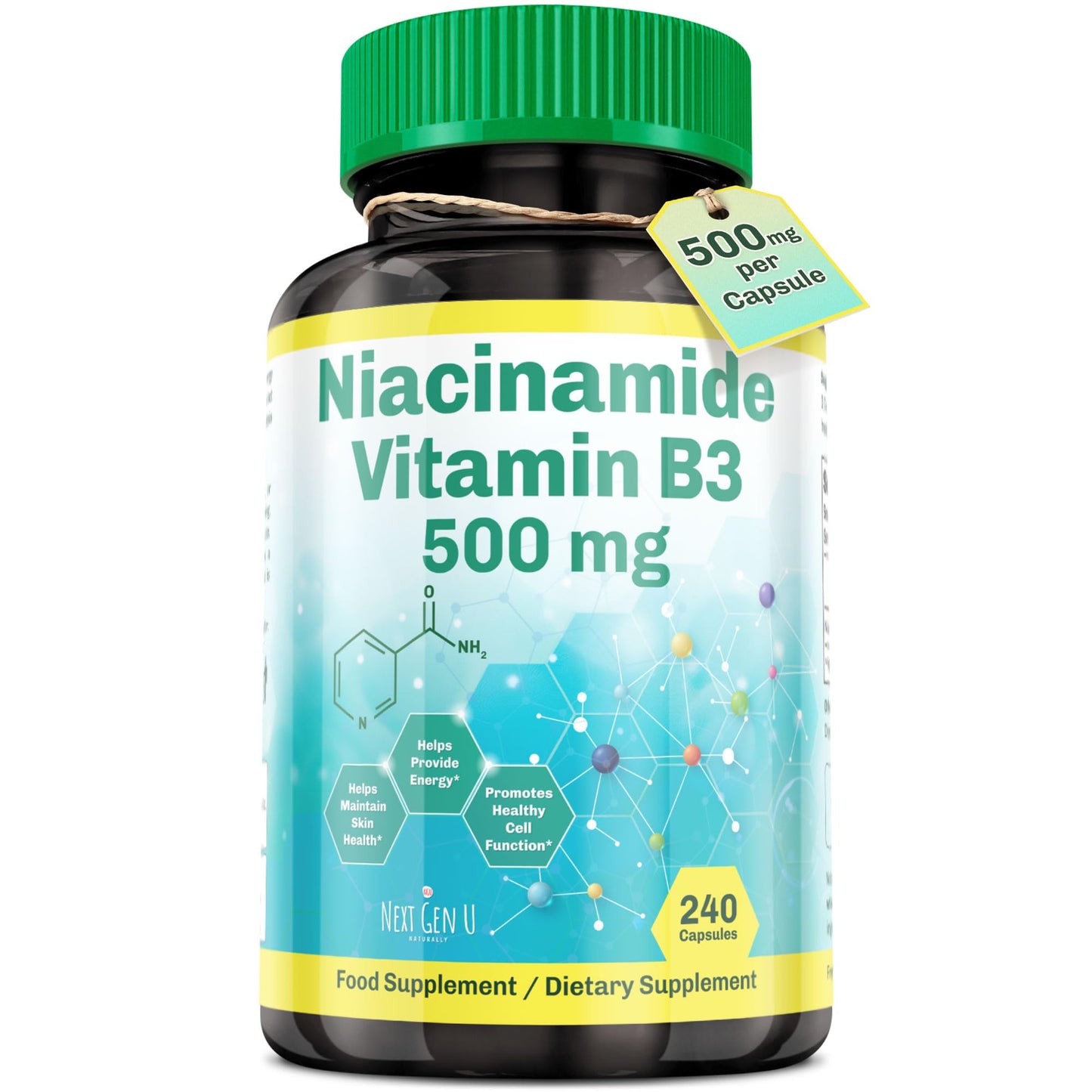 Envase NGU Next Gen U Vitamina B3 Niacinamida 240 cápsulas blancas