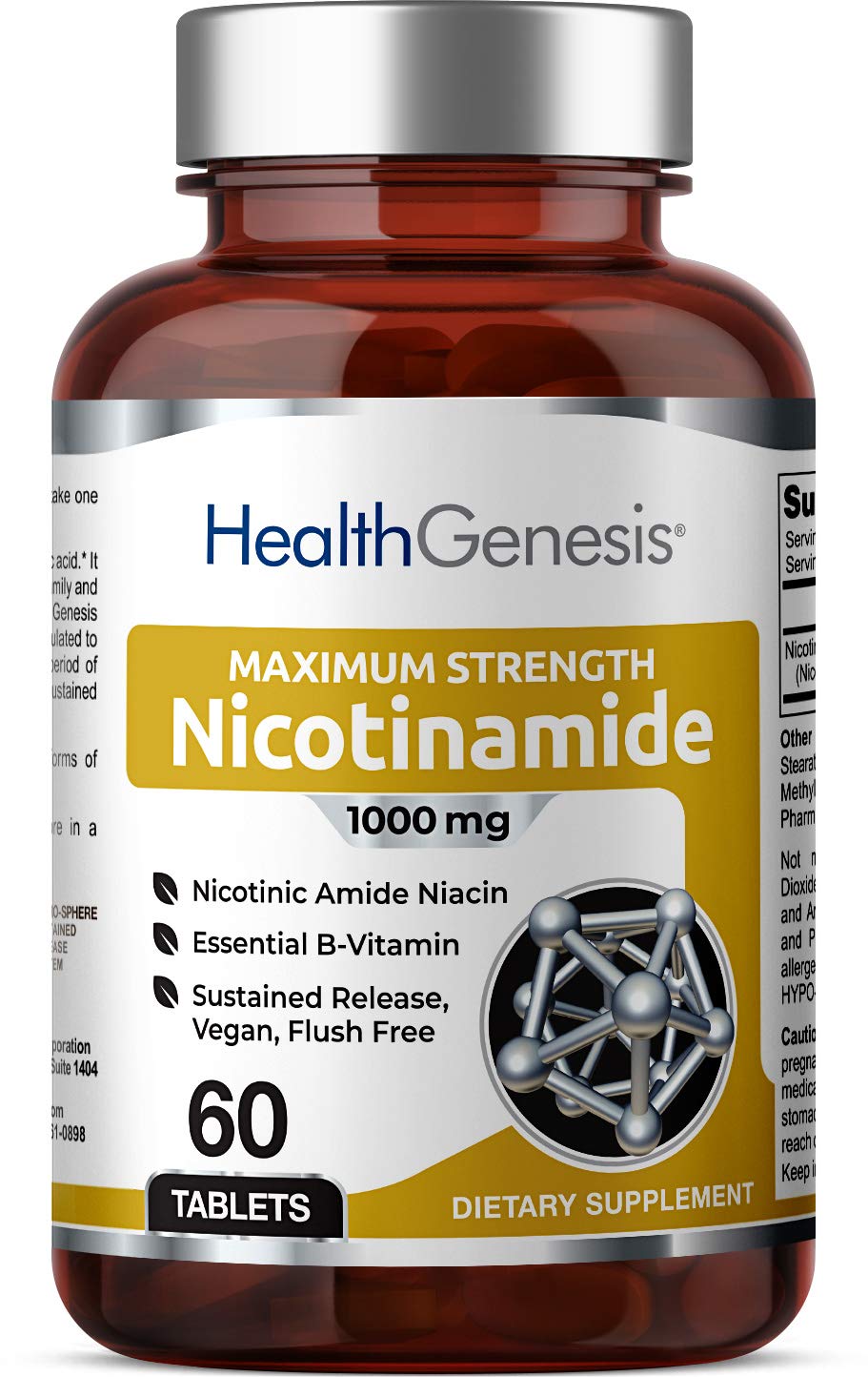 Nicotinamida B-3 1000 mg 60 tabletas Health Genesis caja frontal