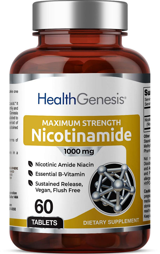 Nicotinamida B-3 1000 mg 60 tabletas Health Genesis caja frontal