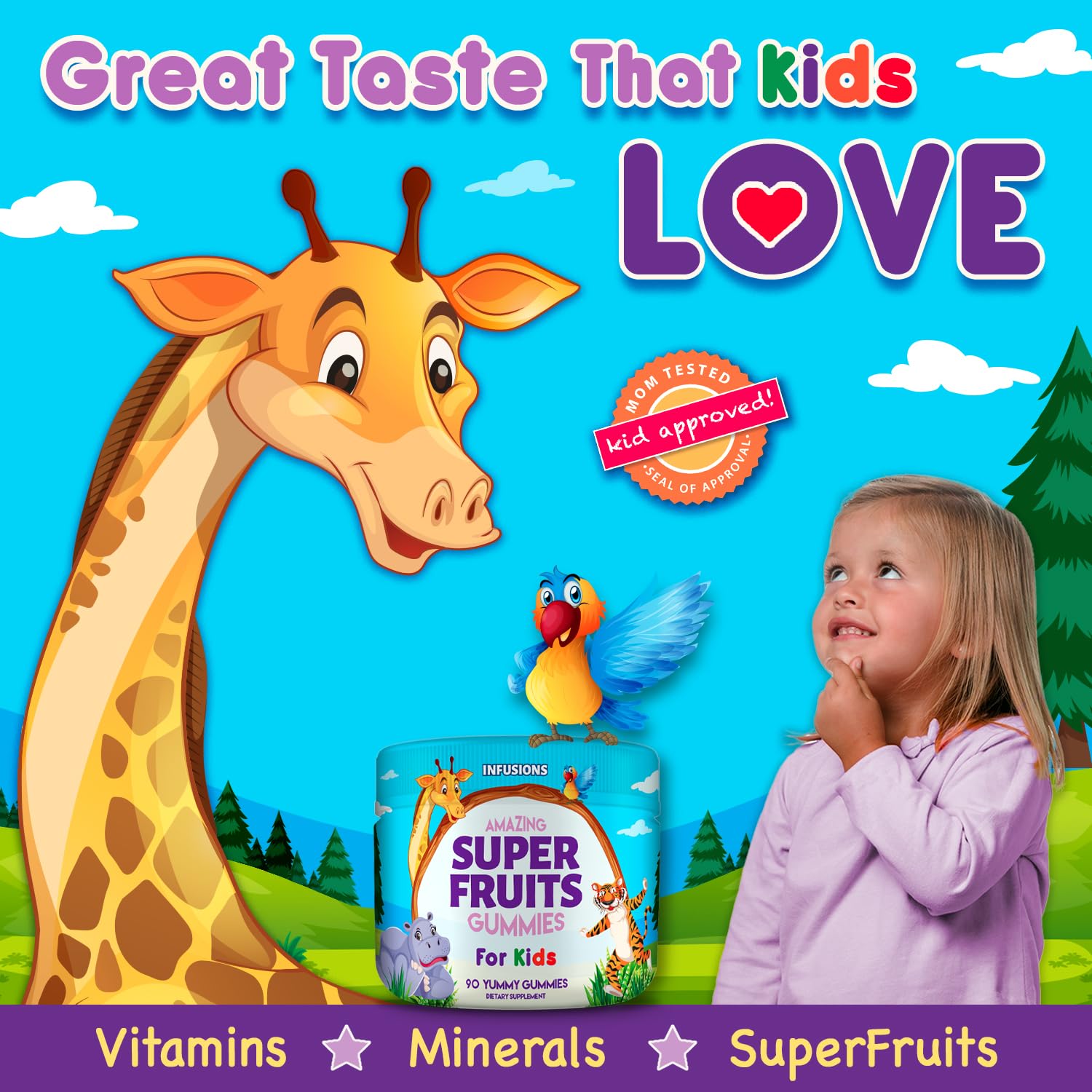 Niña feliz disfrutando gomitas superfrutas Infusions