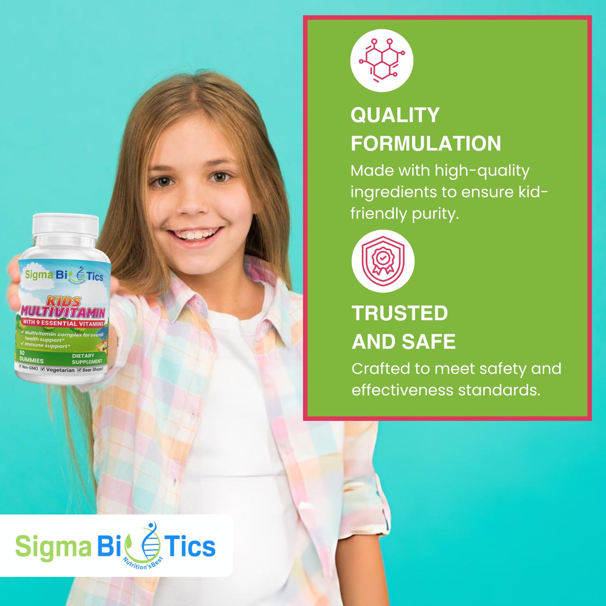 Niña sosteniendo gomitas multivitamínicas SigmaBiotics.