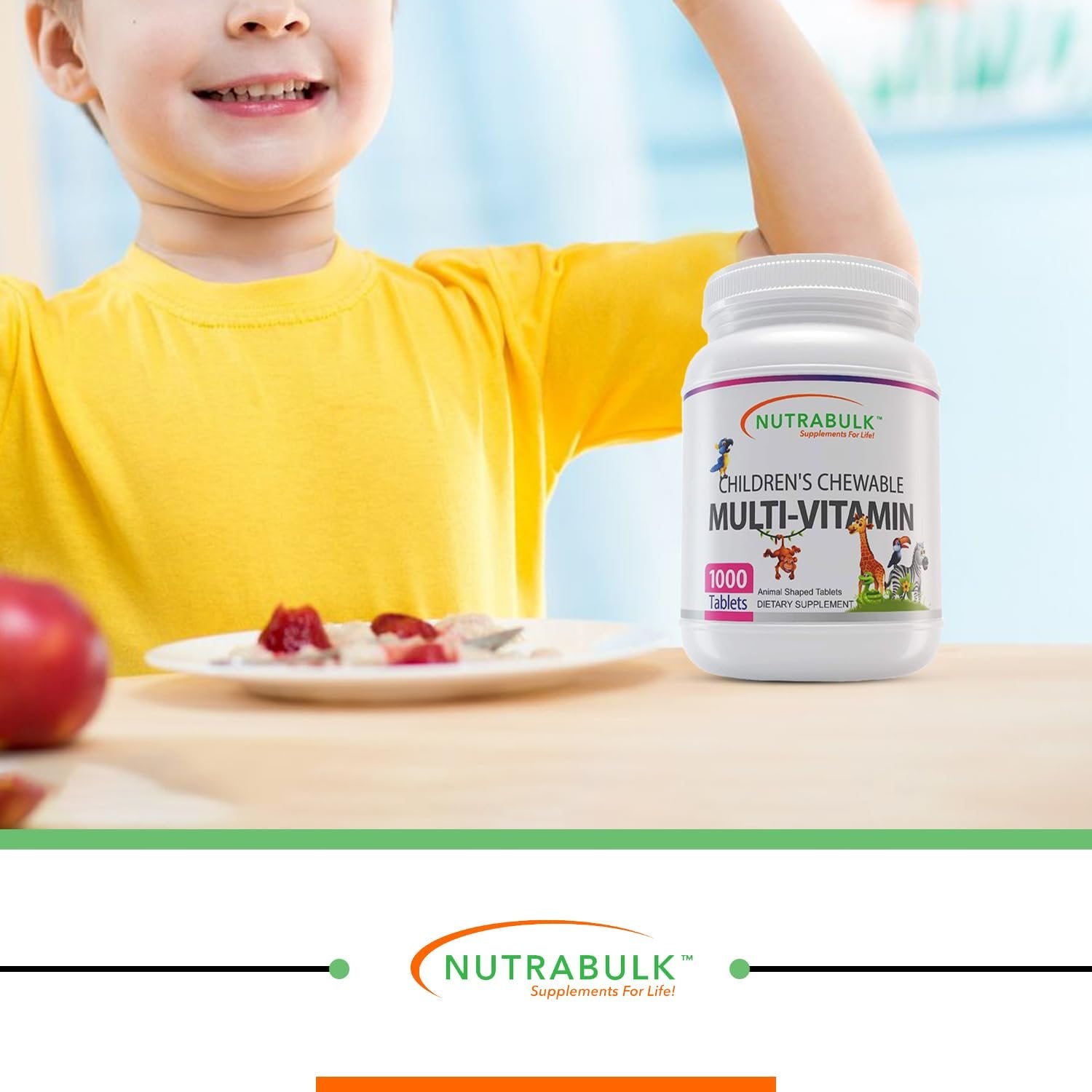 Niño disfrutando multivitaminas en casa.