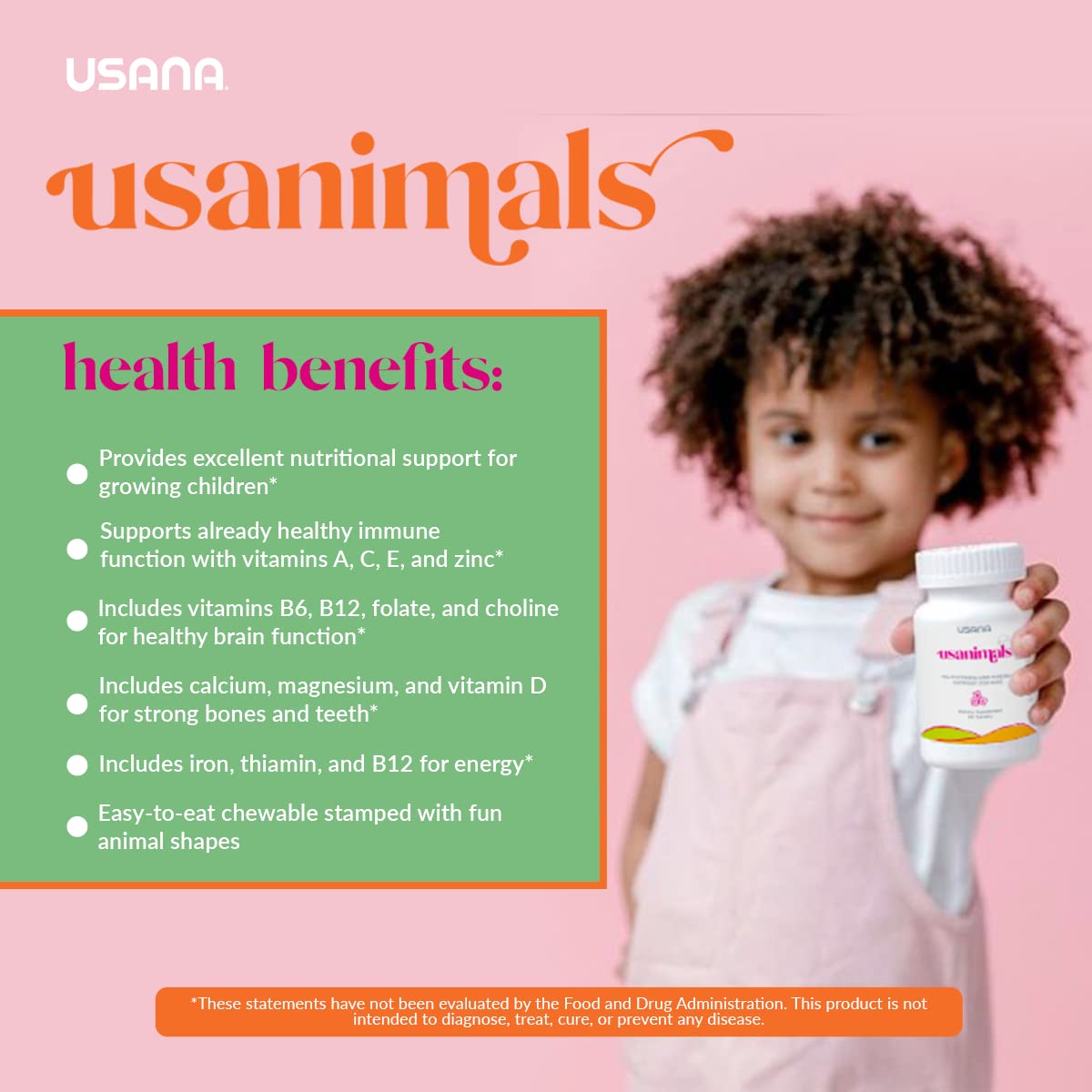 Niño sosteniendo multivitamínico Usanimals para salud.