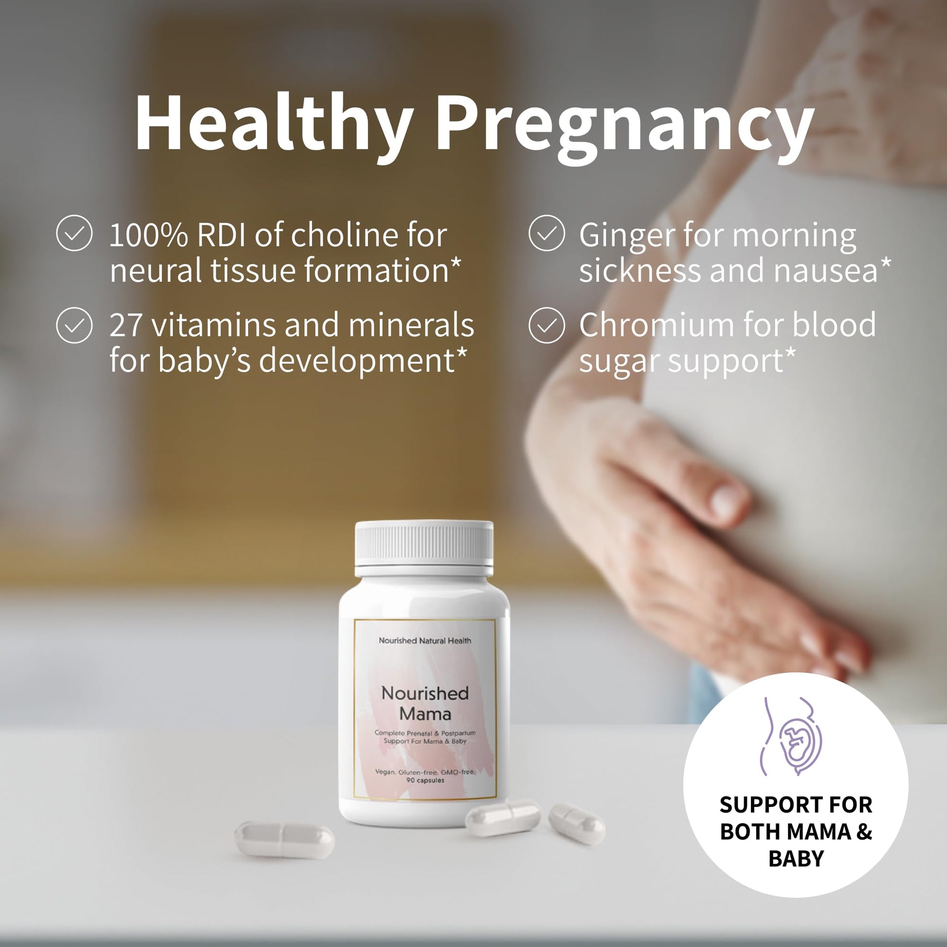 Nourished Mama caja y cápsulas multivitamínico prenatal vegano