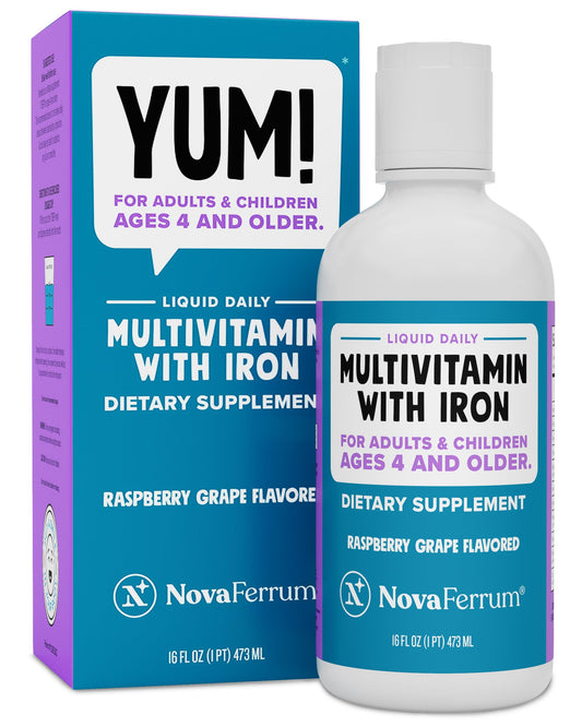 Botella de multivitamínico NovaFerrum Yum con hierro, sabor fruta.