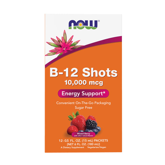Caja NOW Foods B-12 10,000 mcg Shots 12 viales sabor mezcla de bayas