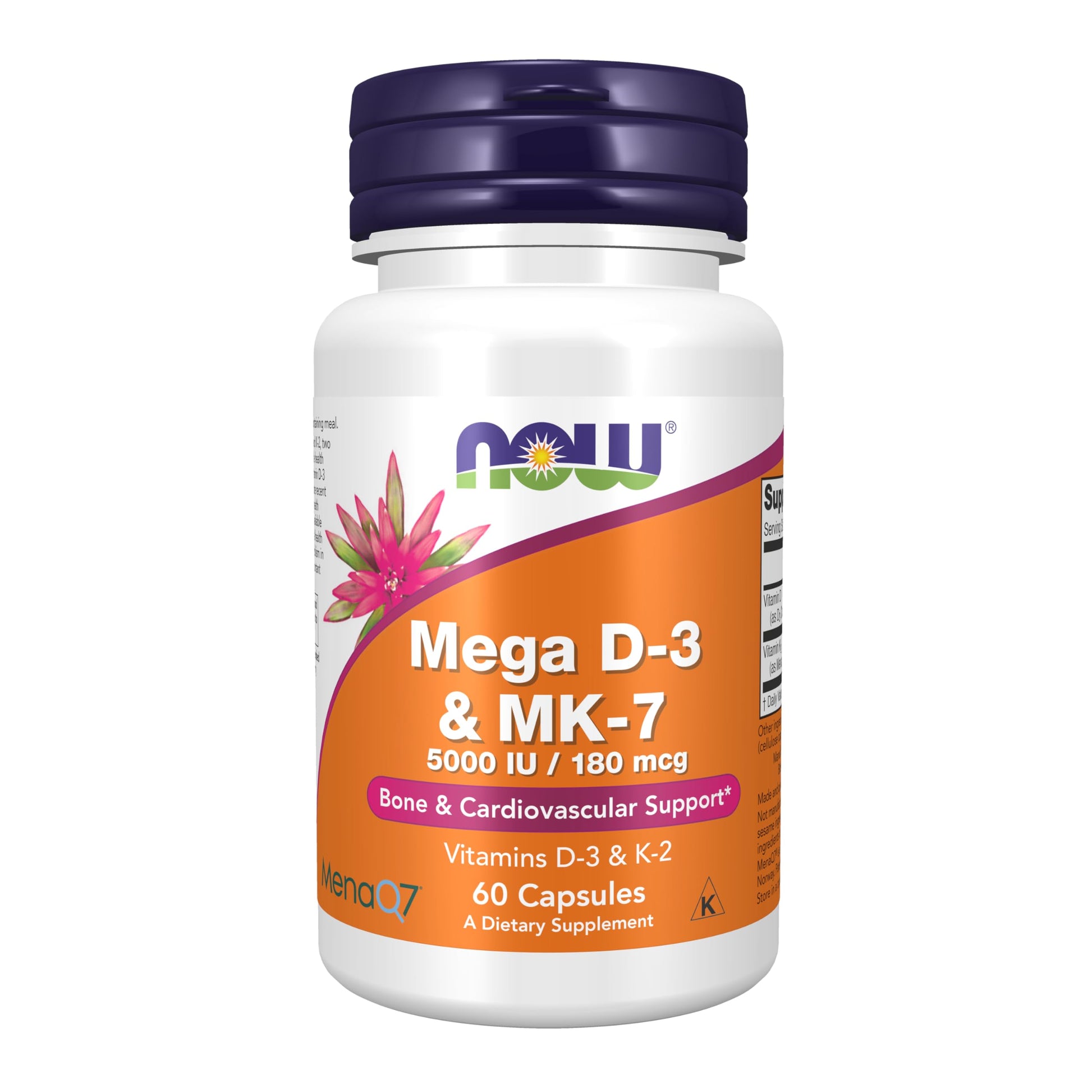 NOW Foods Mega D-3 MK-7 suplemento 60 cápsulas vegetales color blanco hueso