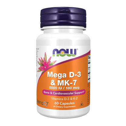 NOW Foods Mega D-3 MK-7 suplemento 60 cápsulas vegetales color blanco hueso