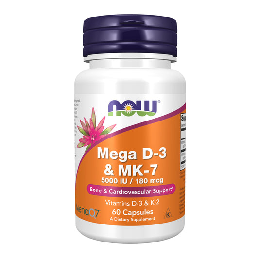 NOW Foods Mega D-3 MK-7 suplemento 60 cápsulas vegetales color blanco hueso