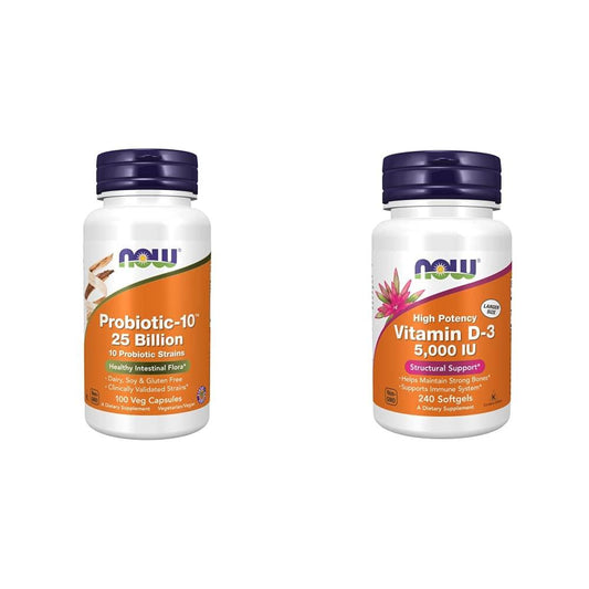 Paquete NOW Foods Probiotic-10 y Vitamina D-3 5000 UI