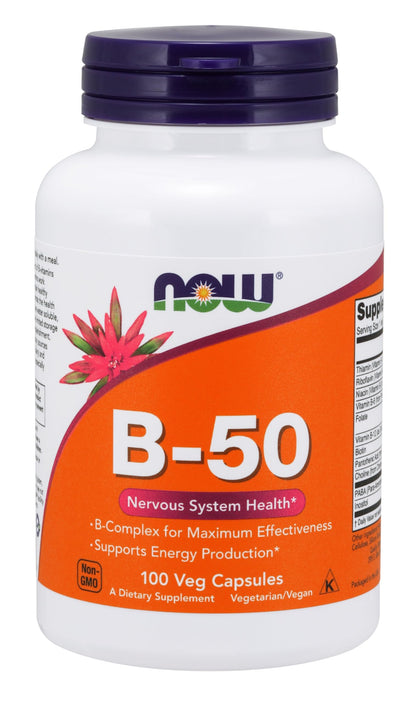NOW Foods Vitamina B-50 mg bote frontal con 100 cápsulas