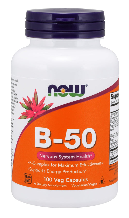 NOW Foods Vitamina B-50 mg bote frontal con 100 cápsulas