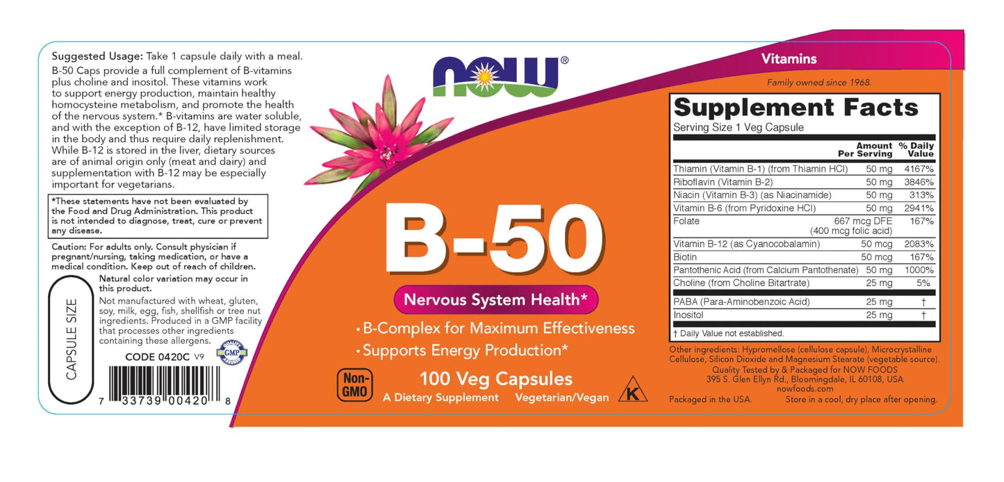 Etiqueta nutricional NOW Foods Vitamina B-50 mg