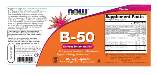 Etiqueta nutricional NOW Foods Vitamina B-50 mg