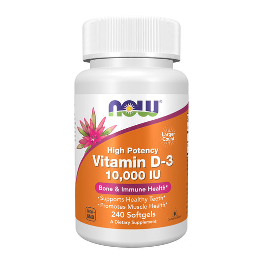 NOW Foods vitamina D-3 10000 UI softgels paquete frontal