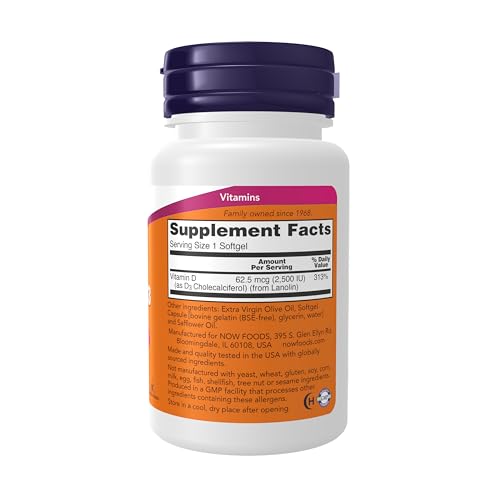 NOW Foods suplemento vitamina d3 2500 ui 180 cápsulas blandas