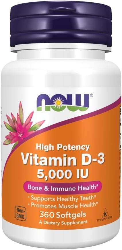 Frasco de Now Foods Vitamina D3 5000 UI con 360 cápsulas blandas