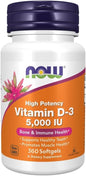 Frasco de Now Foods Vitamina D3 5000 UI con 360 cápsulas blandas