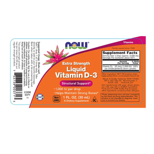 NOW Foods Vitamina D3 Líquida etiqueta cerca