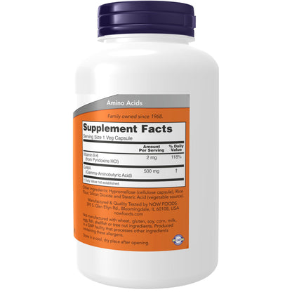 Etiqueta frontal NOW GABA 500 mg para relajación y tensión nerviosa