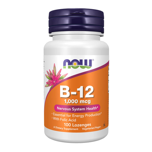 Paquete de NOW Vitamina B12 1000 mcg pastillas masticables 100 unidades