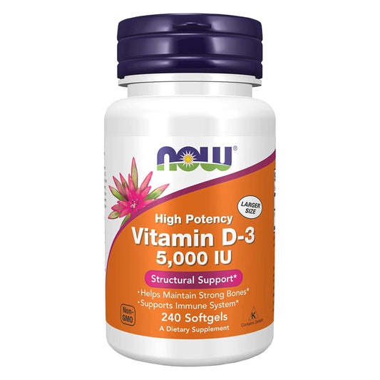 NOW Vitamina D-3 5000 UI 240 softgels con llavero nutricional