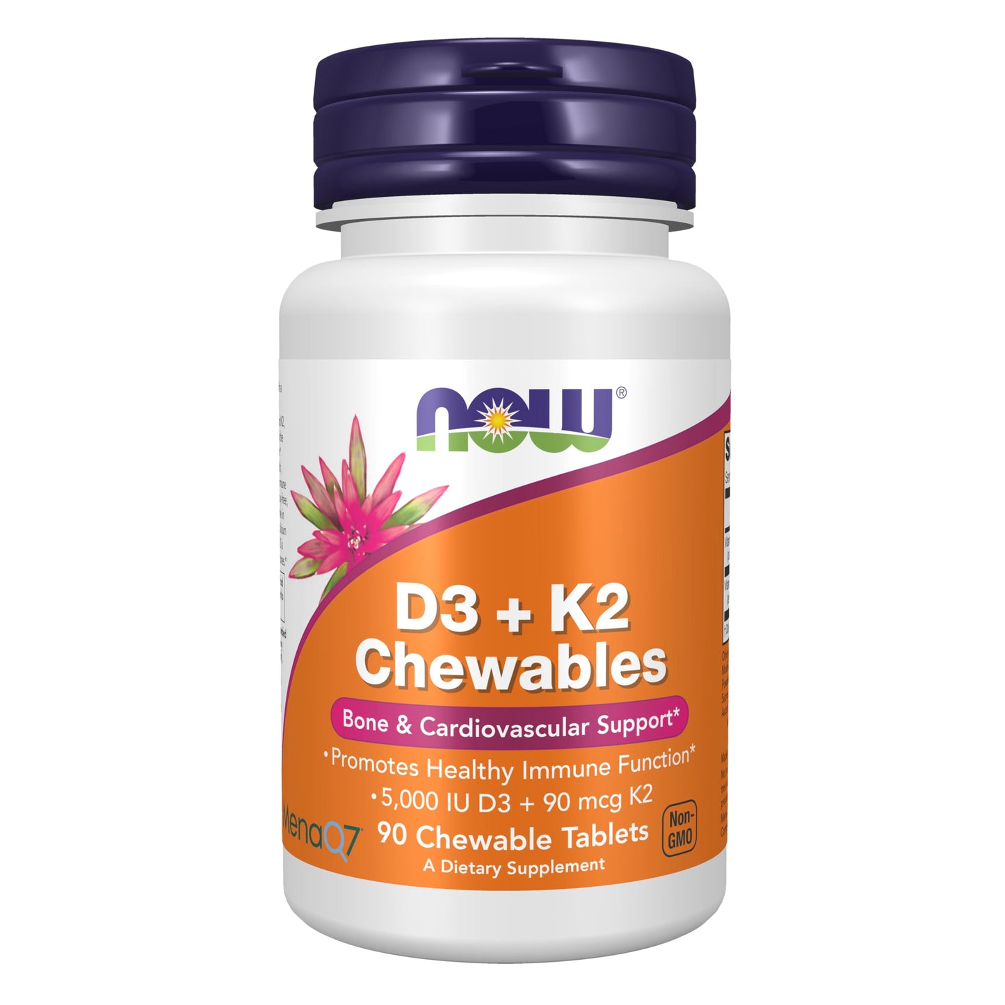 Envase de NOW Suplementos Vitamina D3 y K2 90 tabletas masticables