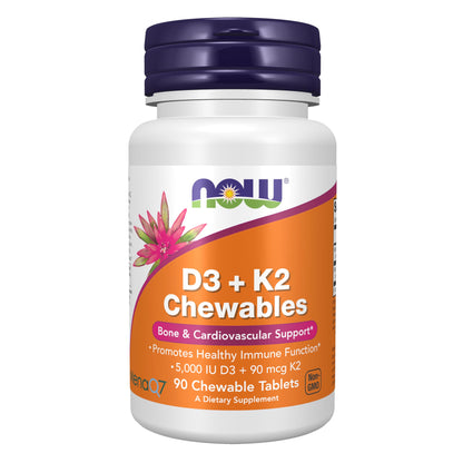 Envase de NOW Suplementos Vitamina D3 y K2 90 tabletas masticables