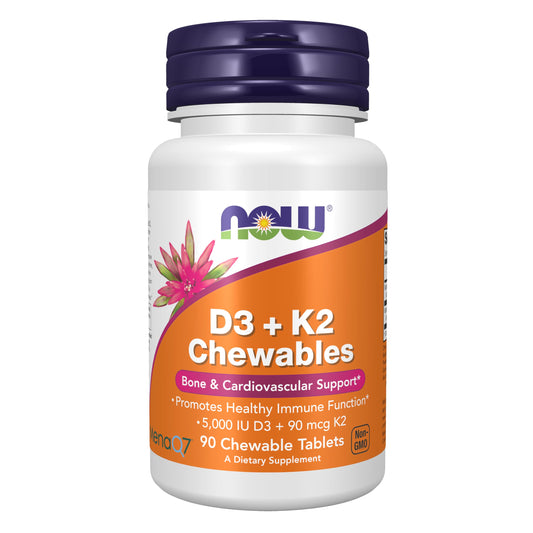 Envase de NOW Suplementos Vitamina D3 y K2 90 tabletas masticables