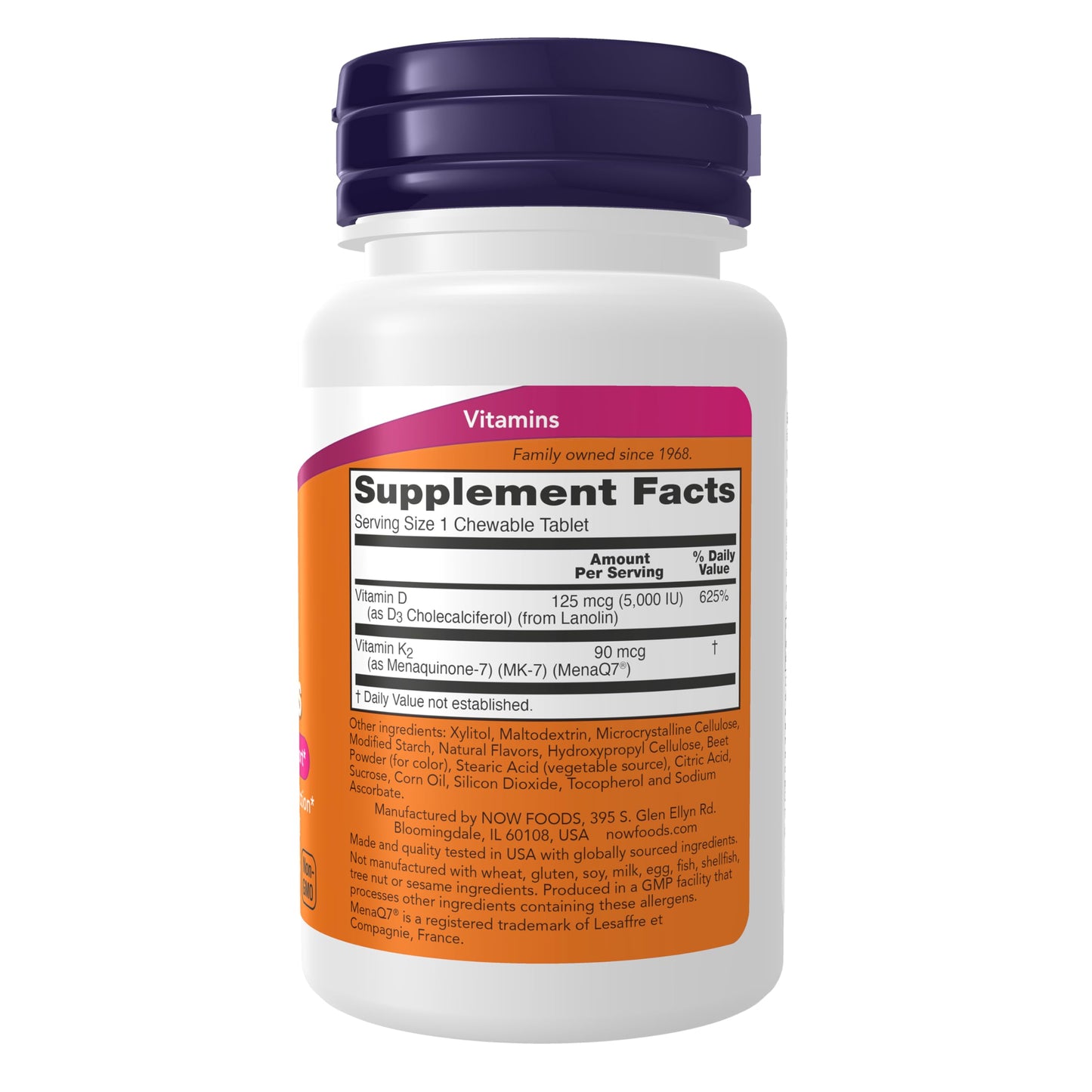 Tabletas masticables morado claro de vitamina D3 y K2 de NOW