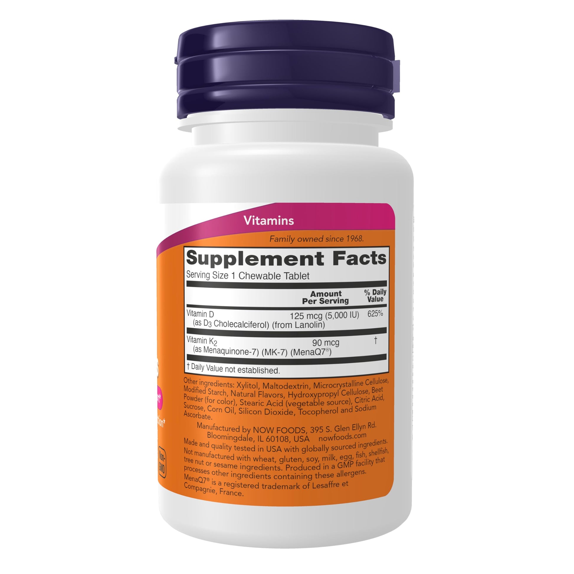 Tabletas masticables morado claro de vitamina D3 y K2 de NOW
