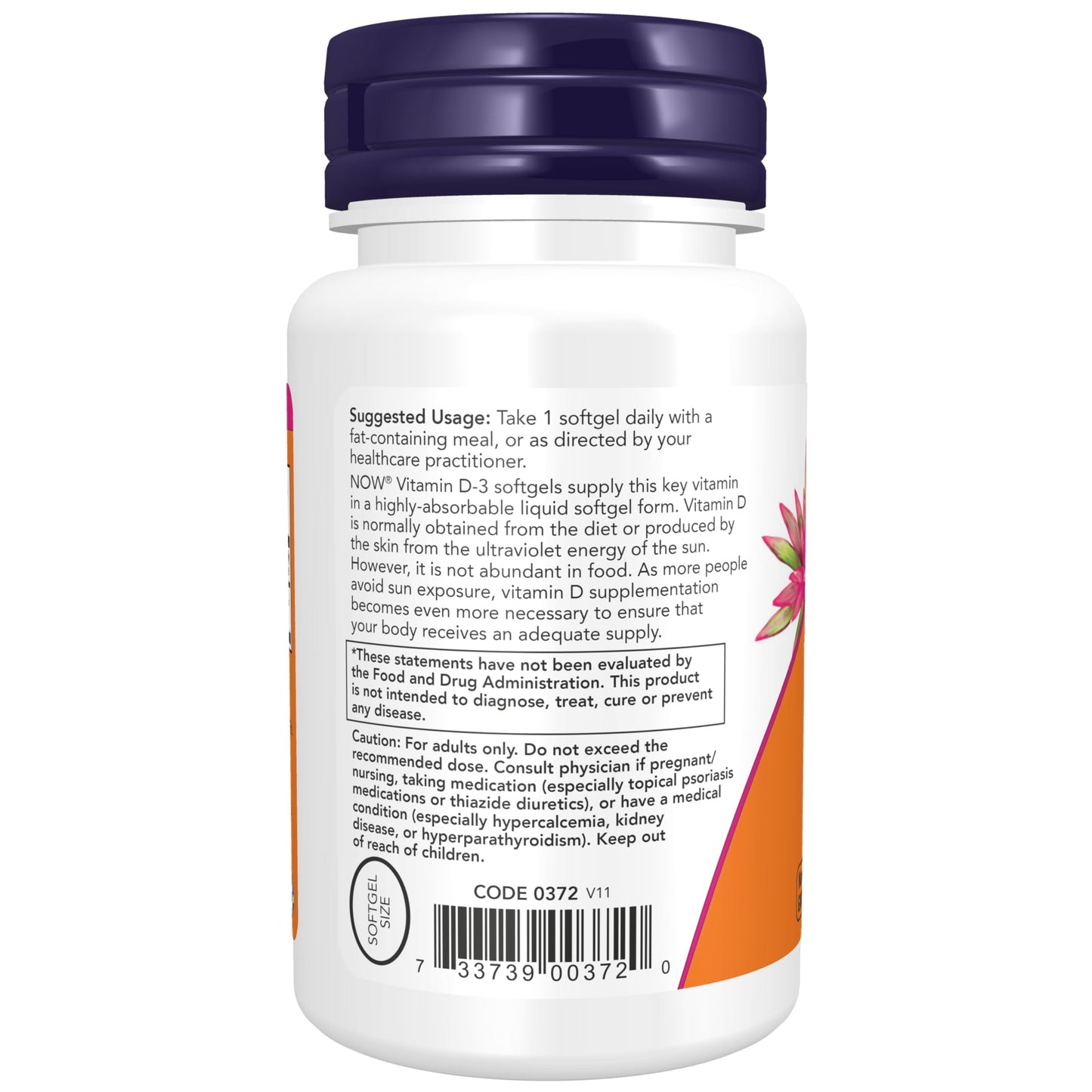 NOW Vitaminas D-3 en envase con diseño claro