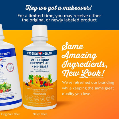 Nueva etiqueta de Passion 4 Life Mega Multivitaminas Líquidas