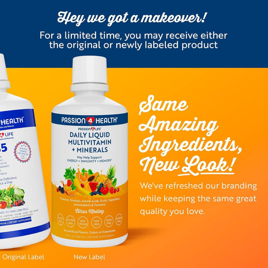 Nueva etiqueta de Passion 4 Life Mega Multivitaminas Líquidas