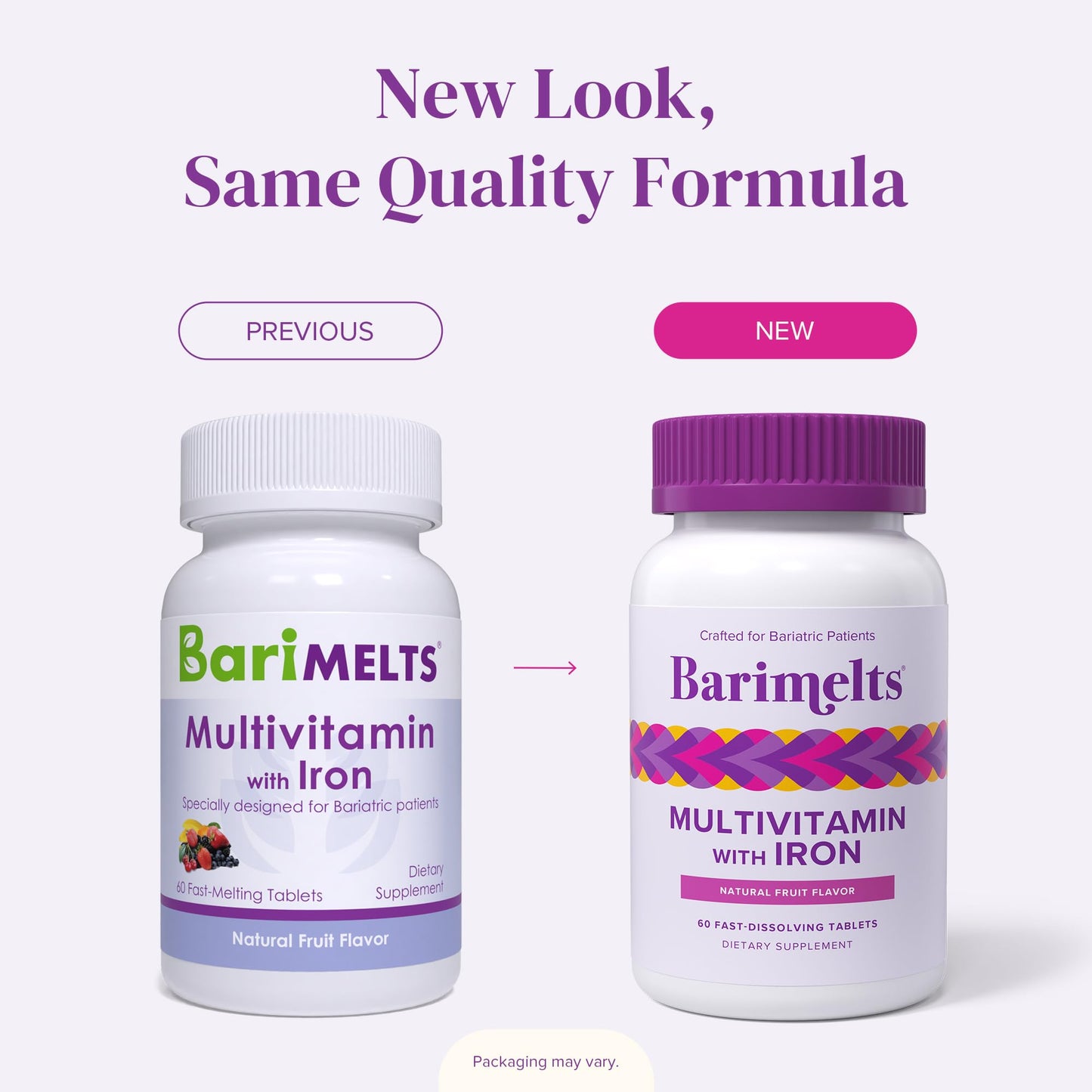 Nuevo look del empaque del multivitamínico Barimelts con hierro, perfecto para cirugía bariátrica.