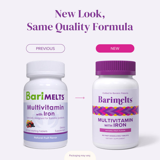 Nuevo look del empaque del multivitamínico Barimelts con hierro, perfecto para cirugía bariátrica.