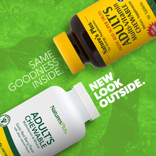 Nuevos frascos de multivitaminas Natures Plus, superfrutas rojas