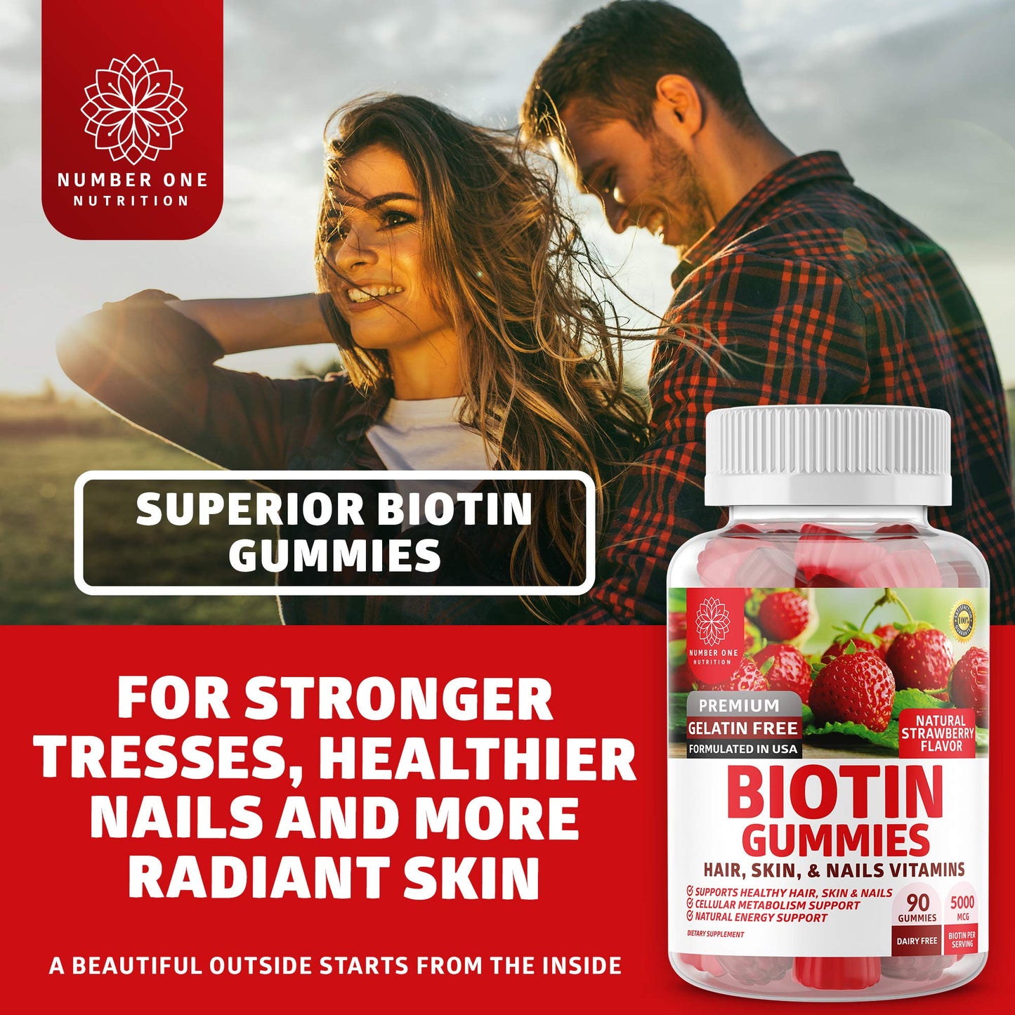 Número One Nutrition frasco y gomitas biotina sabor fresa natural