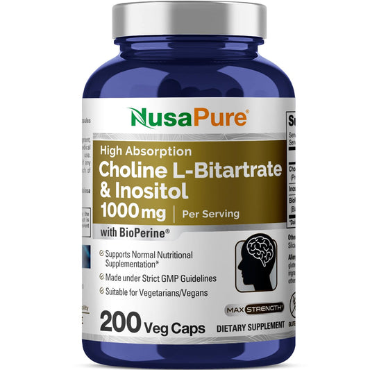 NusaPure suplemento colina e inositol 200 cápsulas vegetales envase frontal