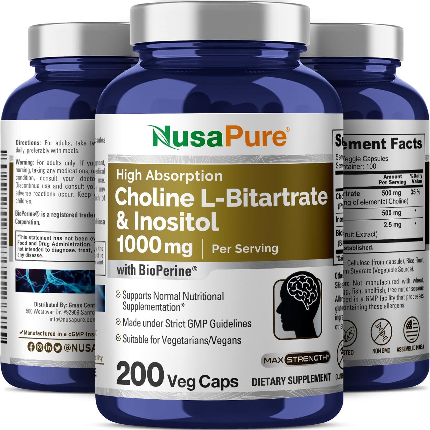 NusaPure suplemento colina e inositol cápsulas abiertas