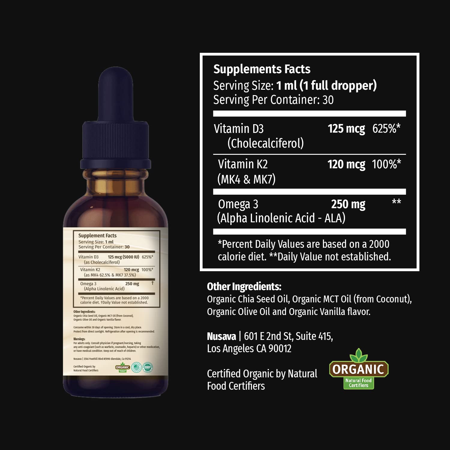 Botella y caja NUSAVA gotas vitamina D3 K2 orgánicas