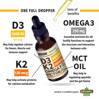 Etiqueta de gotas NUSAVA Vitaminas D3 K2 Omega 3